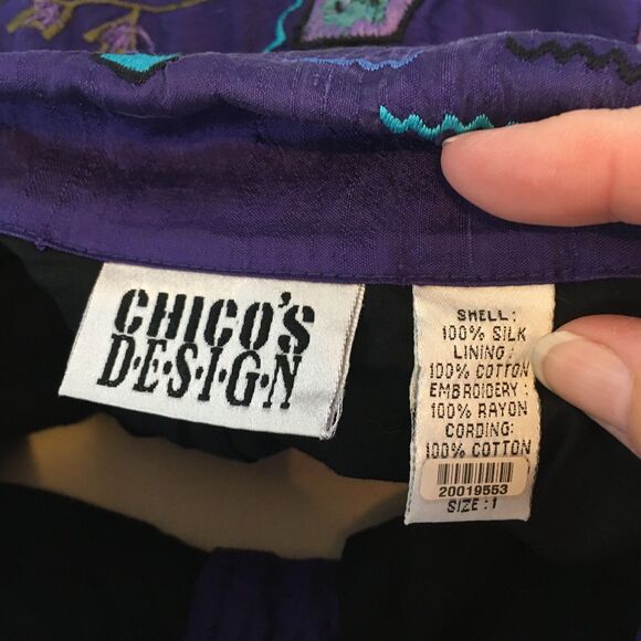 Chico's Design Womens Purple Teal Embroidered Boho Silk Jacket Blazer 1, 40 bust - Picture 10 of 10